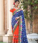 blue-orange georgette mirror &beads work saree with unstitched blouse piece