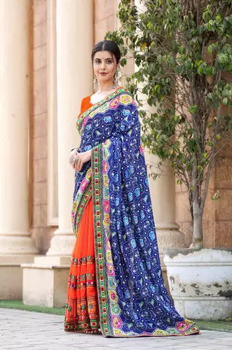 blue-orange georgette mirror &beads work saree with unstitched blouse piece