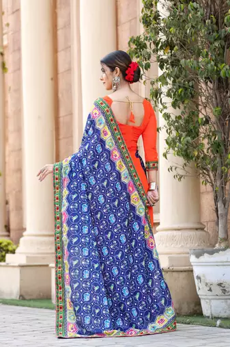blue-orange georgette mirror &beads work saree with unstitched blouse piece