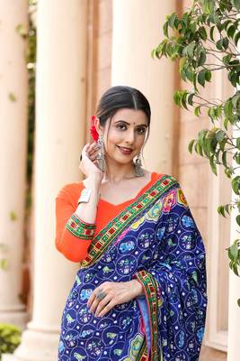 blue-orange georgette mirror &beads work saree with unstitched blouse piece 4