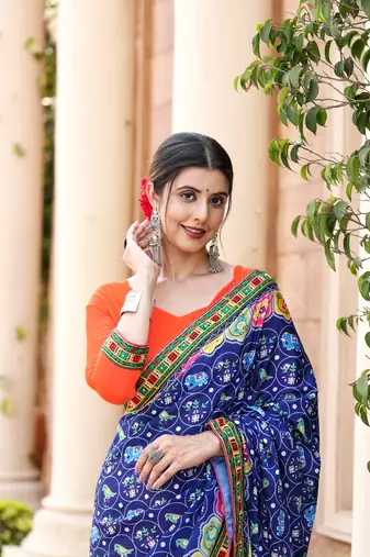 blue-orange georgette mirror &beads work saree with unstitched blouse piece