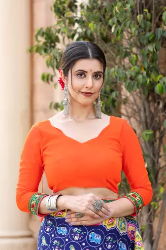 blue-orange georgette mirror &beads work saree with unstitched blouse piece