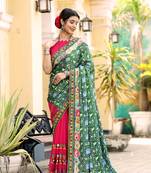 green-pink georgette mirror &beads work saree with unstitched blouse piece