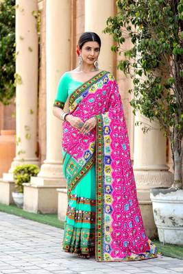 pink-turquoise georgette mirror &beads work saree with unstitched blouse piece 1