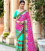 pink-turquoise georgette mirror &beads work saree with unstitched blouse piece