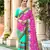 pink-turquoise georgette mirror &beads work saree with unstitched blouse piece