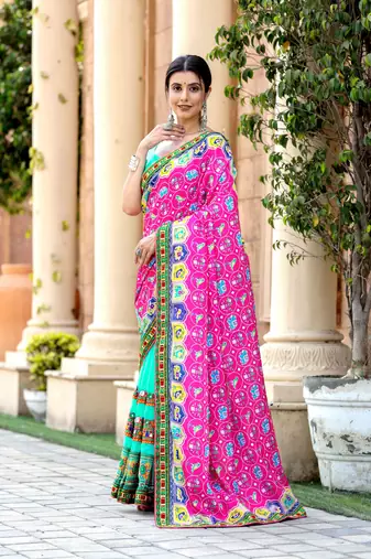 pink-turquoise georgette mirror &beads work saree with unstitched blouse piece