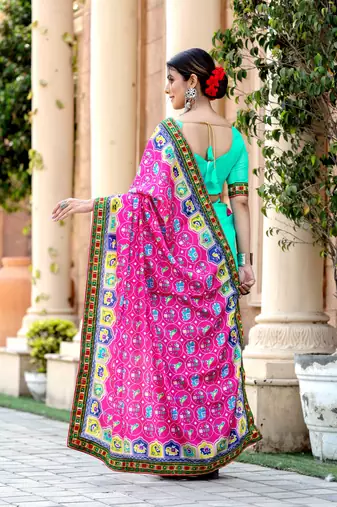 pink-turquoise georgette mirror &beads work saree with unstitched blouse piece