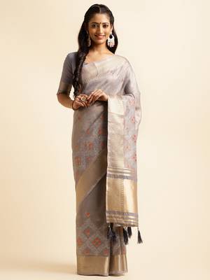 grey cotton khadi silk blend embroidered work saree with unstitched blouse piece 1