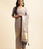 grey cotton khadi silk blend embroidered work saree with unstitched blouse piece