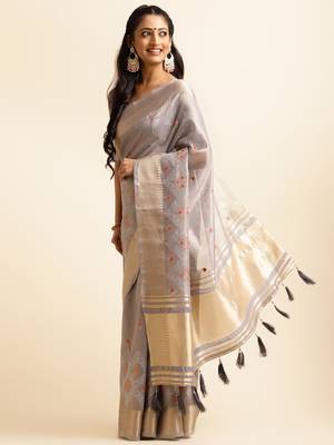 grey cotton khadi silk blend embroidered work saree with unstitched blouse piece 2