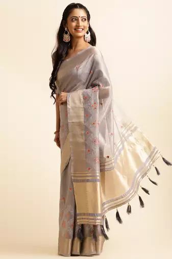 grey cotton khadi silk blend embroidered work saree with unstitched blouse piece