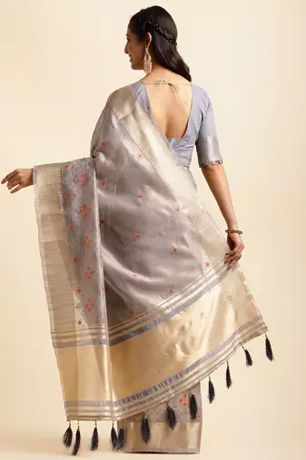 grey cotton khadi silk blend embroidered work saree with unstitched blouse piece