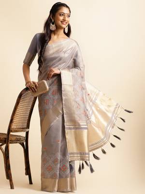 grey cotton khadi silk blend embroidered work saree with unstitched blouse piece 4