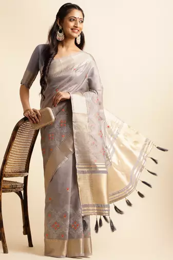 grey cotton khadi silk blend embroidered work saree with unstitched blouse piece