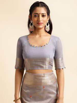 grey cotton khadi silk blend embroidered work saree with unstitched blouse piece 5