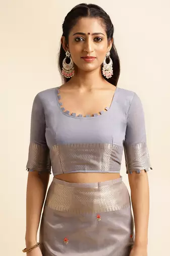 grey cotton khadi silk blend embroidered work saree with unstitched blouse piece