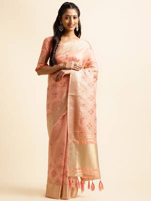 peach cotton khadi silk blend embroidered work saree with unstitched blouse piece 1