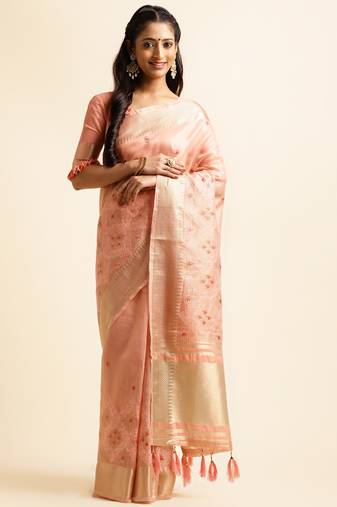 peach cotton khadi silk blend embroidered work saree with unstitched blouse piece