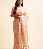 peach cotton khadi silk blend embroidered work saree with unstitched blouse piece