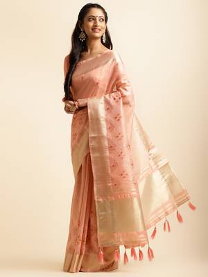 peach cotton khadi silk blend embroidered work saree with unstitched blouse piece 2