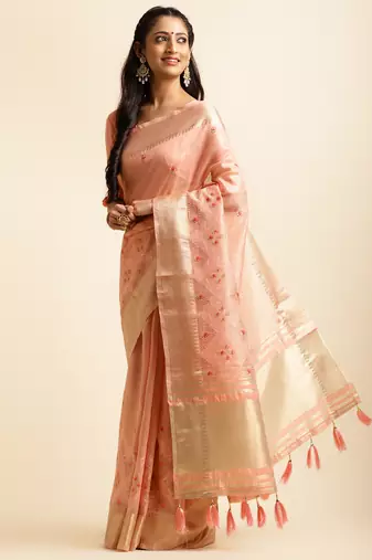 peach cotton khadi silk blend embroidered work saree with unstitched blouse piece