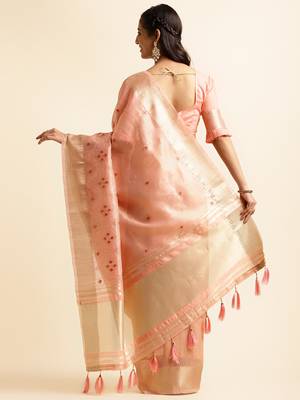 peach cotton khadi silk blend embroidered work saree with unstitched blouse piece 3