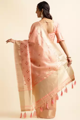 peach cotton khadi silk blend embroidered work saree with unstitched blouse piece
