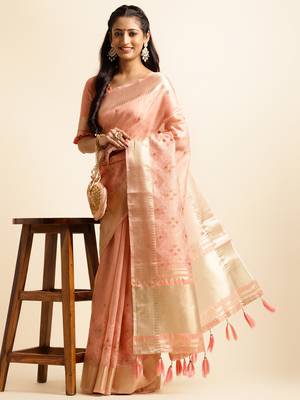 peach cotton khadi silk blend embroidered work saree with unstitched blouse piece 4