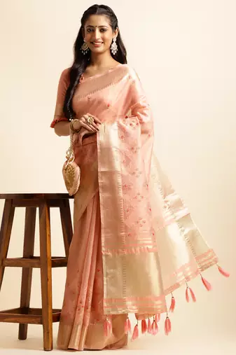 peach cotton khadi silk blend embroidered work saree with unstitched blouse piece