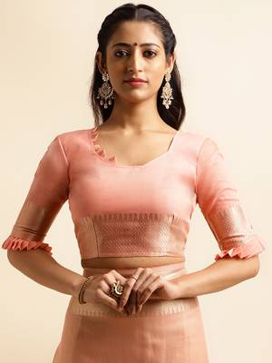 peach cotton khadi silk blend embroidered work saree with unstitched blouse piece 5