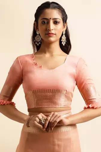 peach cotton khadi silk blend embroidered work saree with unstitched blouse piece
