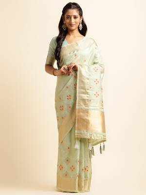 sky blue cotton khadi silk blend embroidered work saree with unstitched blouse piece 1