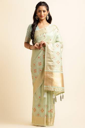 sky blue cotton khadi silk blend embroidered work saree with unstitched blouse piece