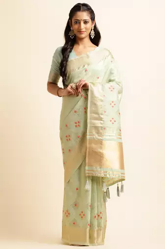 sky blue cotton khadi silk blend embroidered work saree with unstitched blouse piece