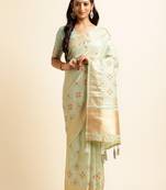 sky blue cotton khadi silk blend embroidered work saree with unstitched blouse piece