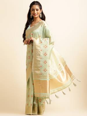 sky blue cotton khadi silk blend embroidered work saree with unstitched blouse piece 2