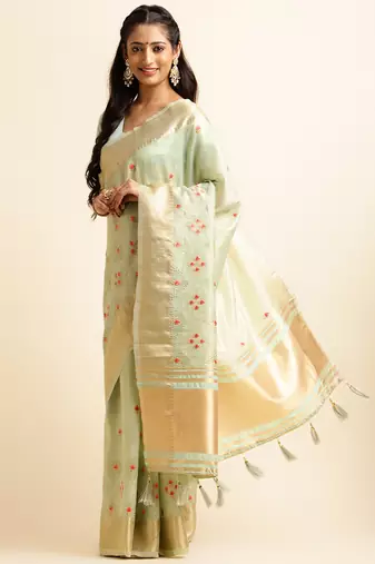 sky blue cotton khadi silk blend embroidered work saree with unstitched blouse piece