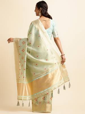 sky blue cotton khadi silk blend embroidered work saree with unstitched blouse piece 3