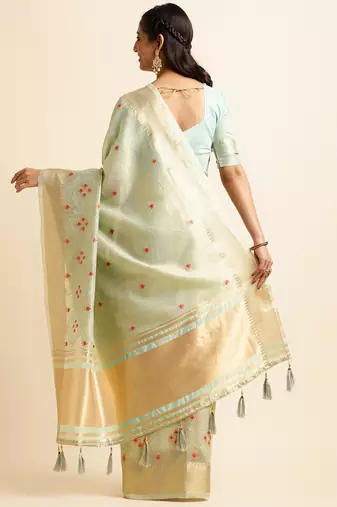 sky blue cotton khadi silk blend embroidered work saree with unstitched blouse piece