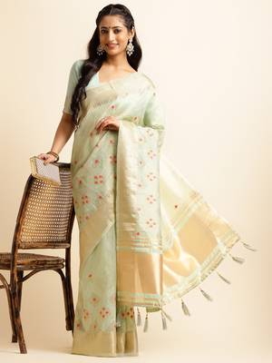 sky blue cotton khadi silk blend embroidered work saree with unstitched blouse piece 4