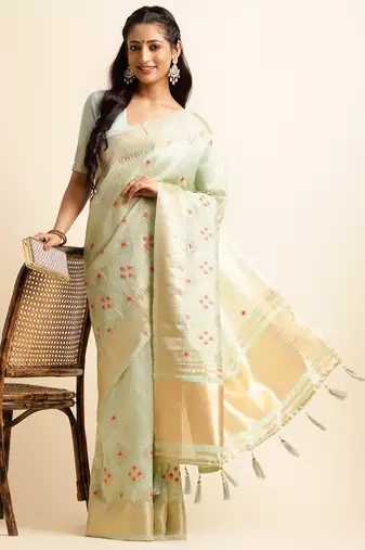 sky blue cotton khadi silk blend embroidered work saree with unstitched blouse piece