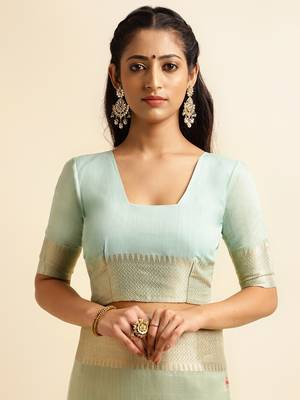 sky blue cotton khadi silk blend embroidered work saree with unstitched blouse piece 5