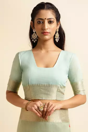 sky blue cotton khadi silk blend embroidered work saree with unstitched blouse piece