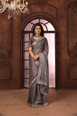 grey organza embroidered work saree with unstitched blouse piece 2