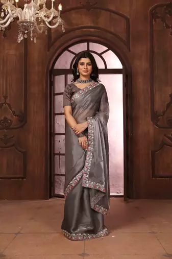 grey organza embroidered work saree with unstitched blouse piece