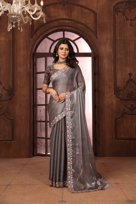 grey organza embroidered work saree with unstitched blouse piece 1