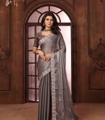 grey organza embroidered work saree with unstitched blouse piece