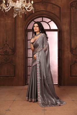 grey organza embroidered work saree with unstitched blouse piece 3