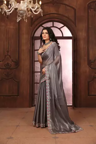 grey organza embroidered work saree with unstitched blouse piece